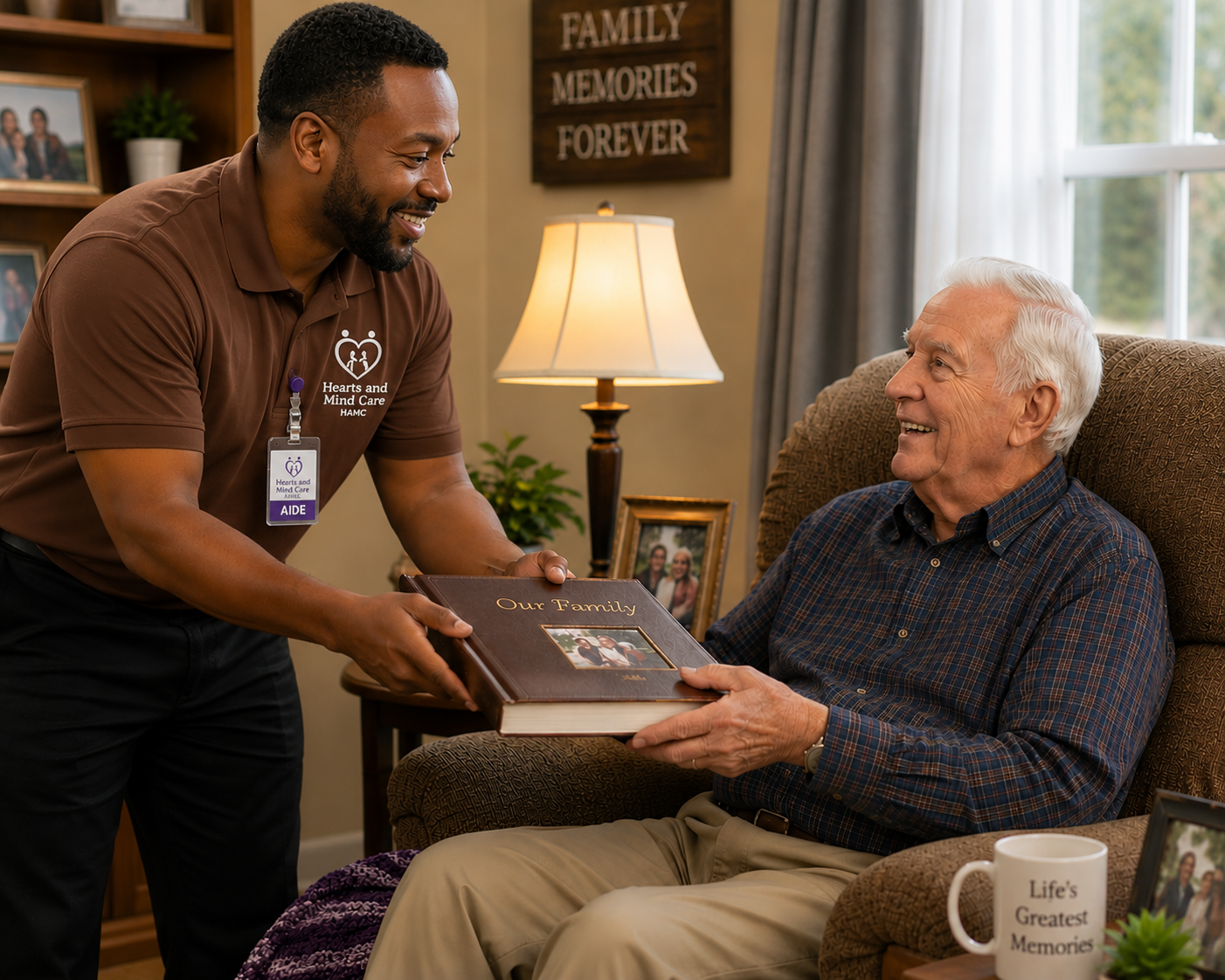 A Choice at Home Care aide and an elderly gentleman sharing a treasured family photo album.