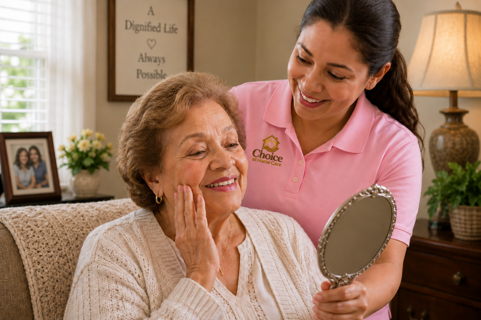 An HAMC aide holding a mirror for a smiling older woman