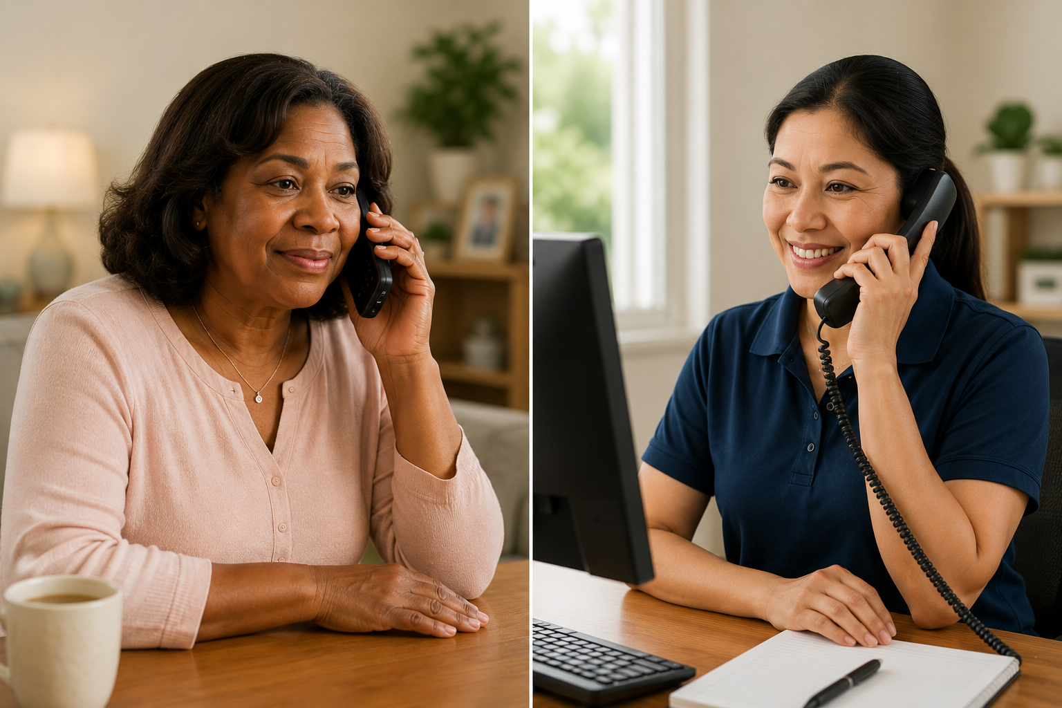 A family member speaks by telephone with a Choice at Home Care consultant about care options.