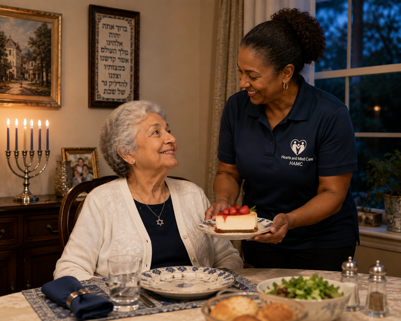 An elderly Jewish woman enjoying strawberry cheesecake served by a Choice at Home Care aide.