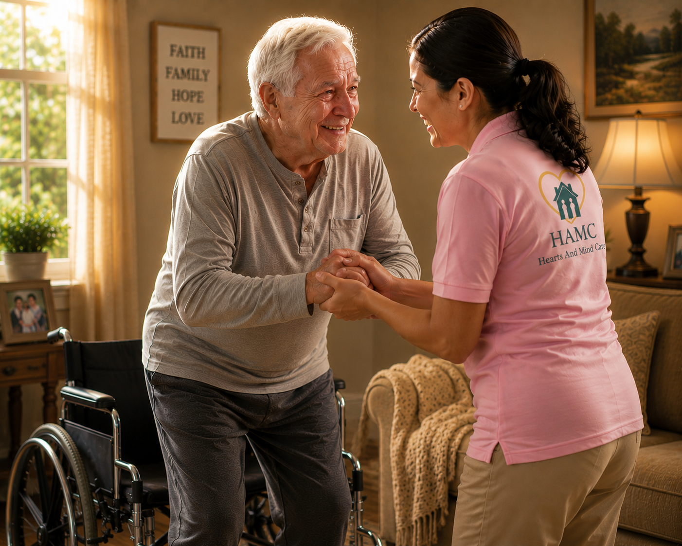 An elderly man stands beside his wheelchair
              while a Choice at Home Care aide in a branded pink shirt
              holds his hands with encouragement.