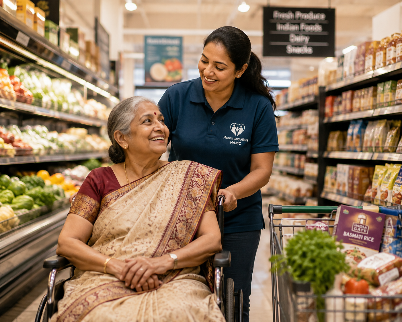 An elderly Indian American woman in a sari enjoying a grocery outing with a Choice at Home Care aide.