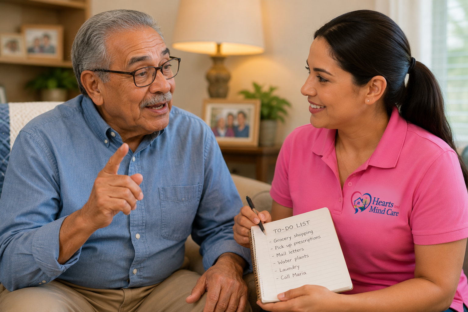 An elderly Hispanic man dictates
                a to-do list to a
                Choice at Home Care aide.