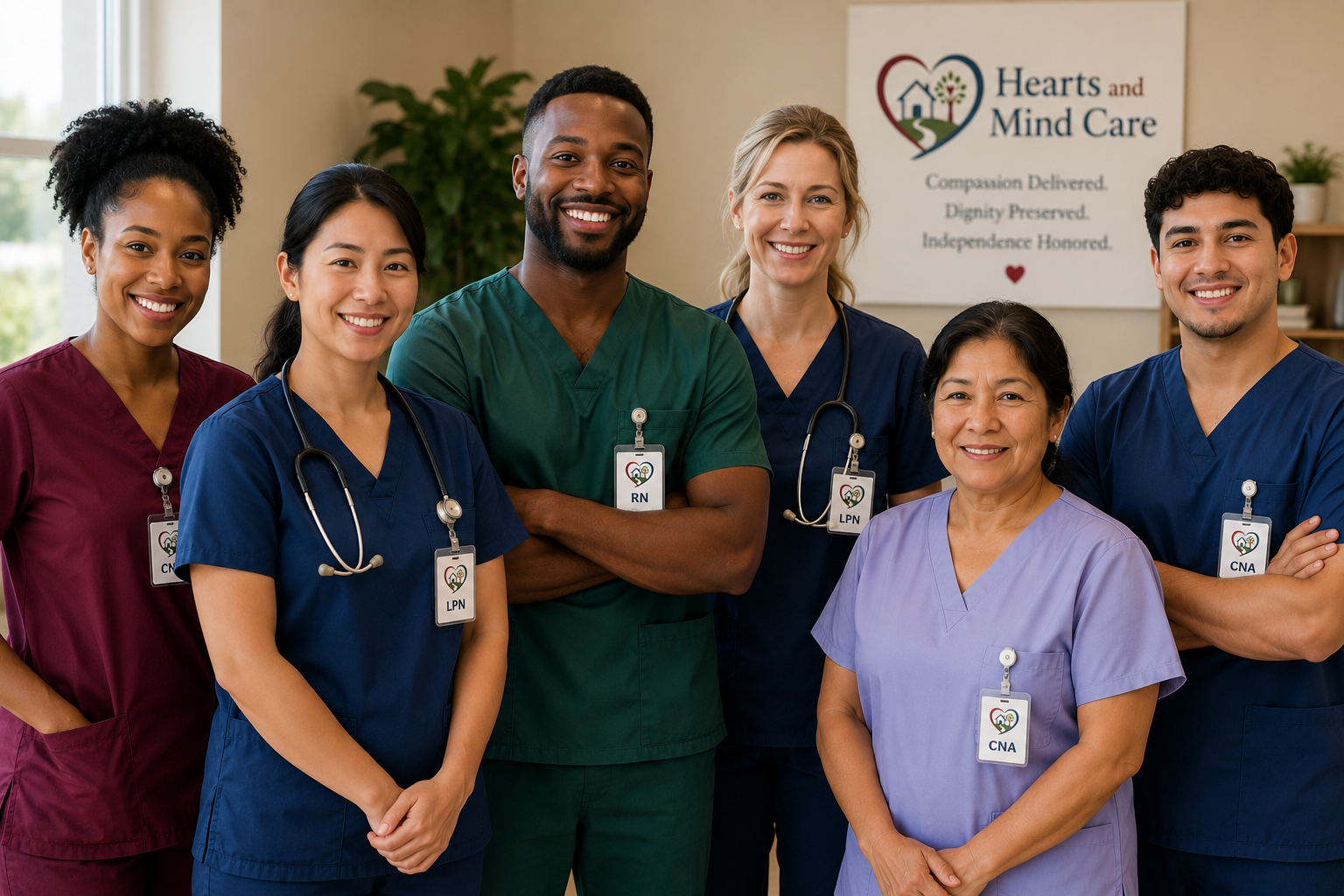 A diverse group of prospective
          Choice at Home Care caregivers,
          including RNs, LPNs, and CNAs.