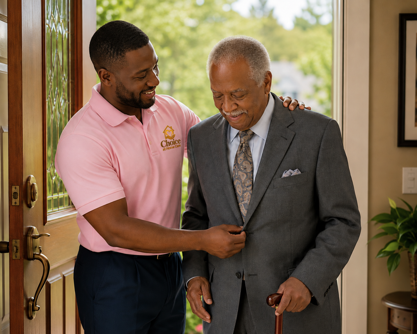 A home-care aide gently helping an older gentleman dress for an outing
