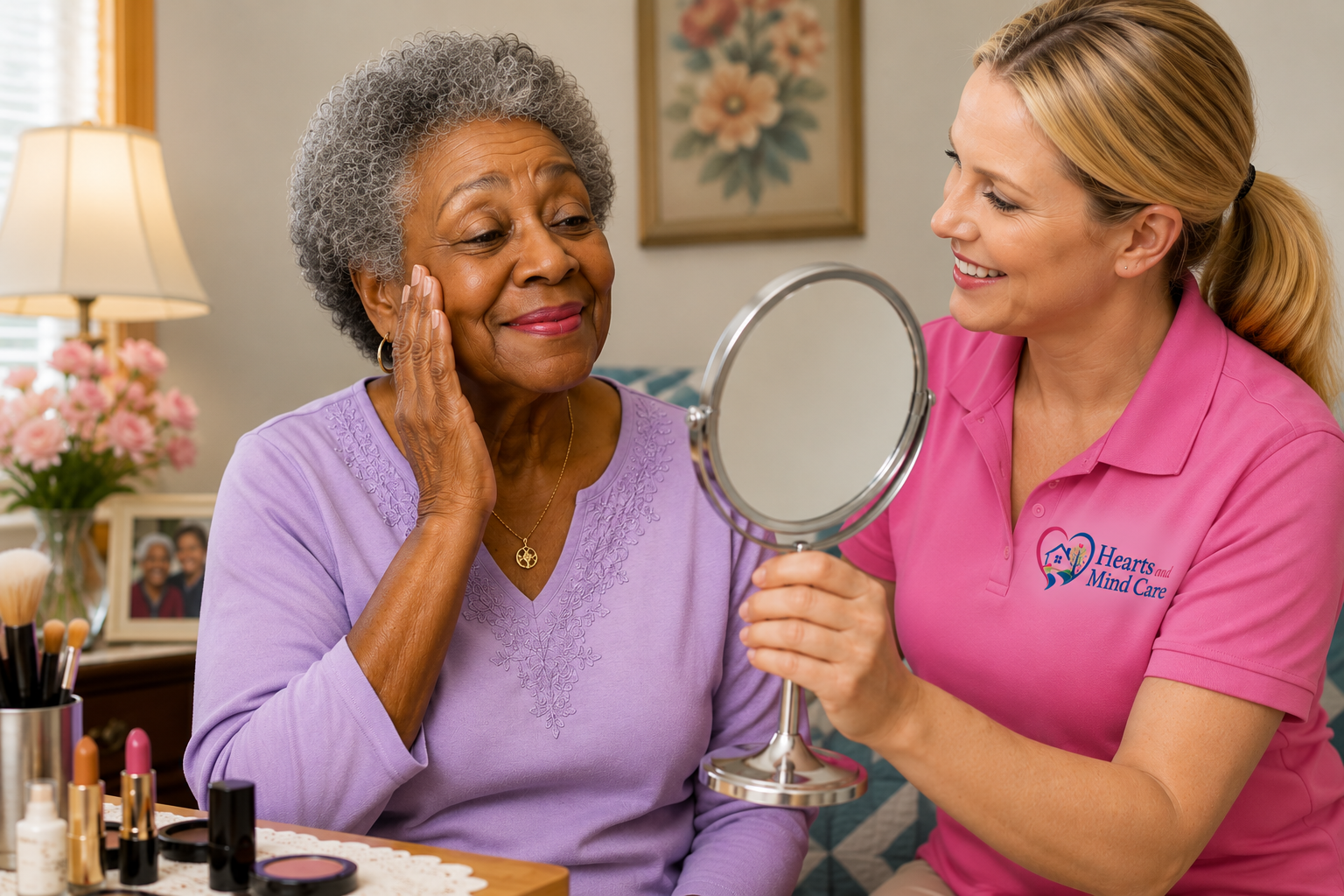 An elderly African American woman admires
                her makeup in a mirror held by a
                Choice at Home Care aide.